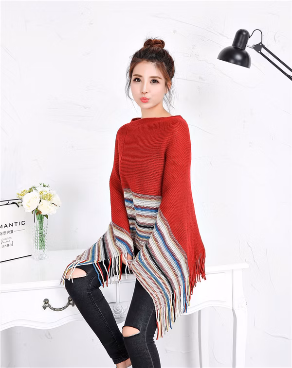 Red Poncho Sweater with Striped Sleeves