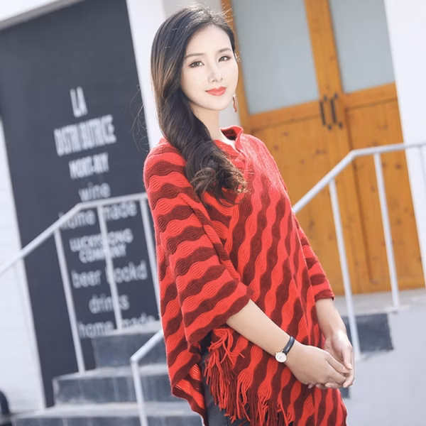 Red Wavy Pattern Poncho Sweater