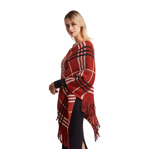 Red Plaid Knit Poncho