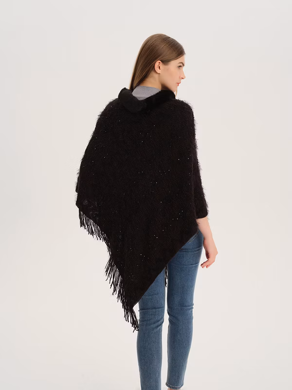 Ladies Fur Collar Fringed Poncho