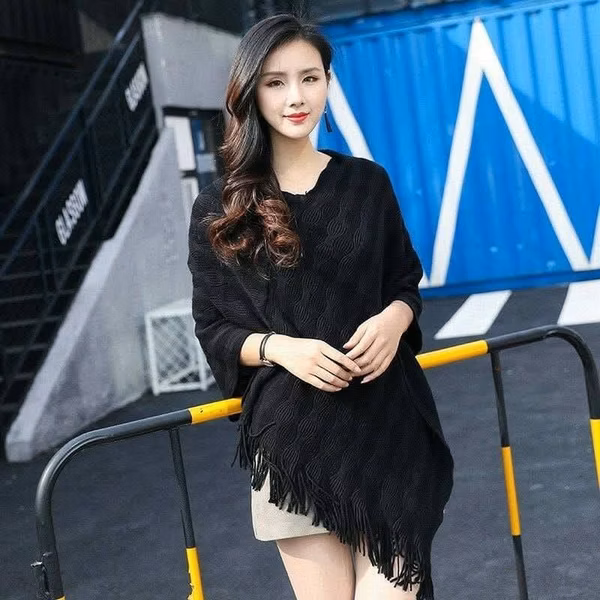 Black Fringe Knit Poncho