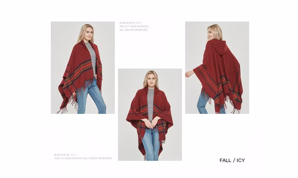 Ladies Hooded Plaid Poncho