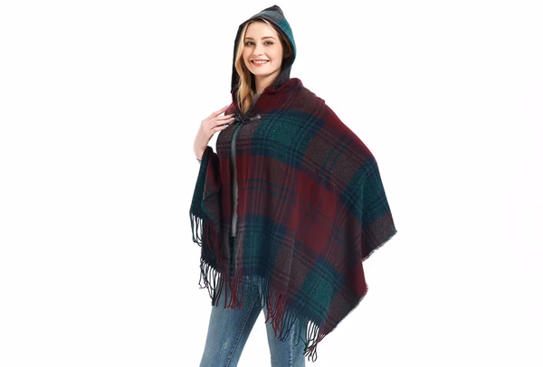 Ladies Plaid Hooded Poncho with Fringe