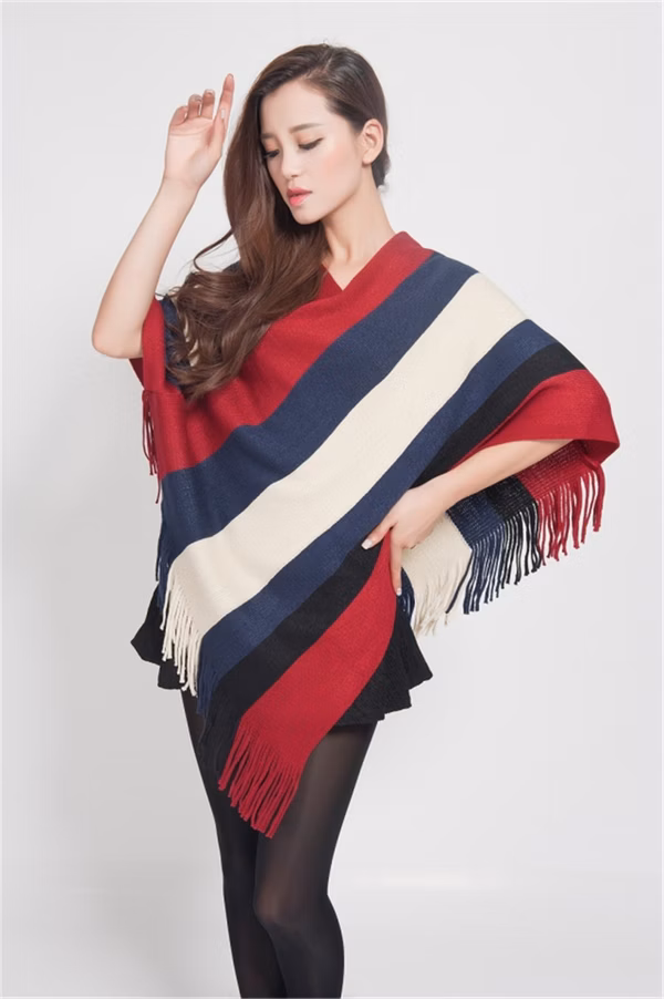 Ladies Striped Fringe Poncho