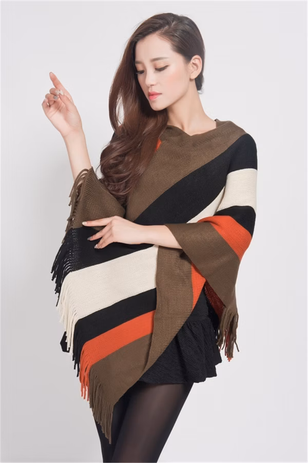 Ladies Striped Knit Poncho with Fringe