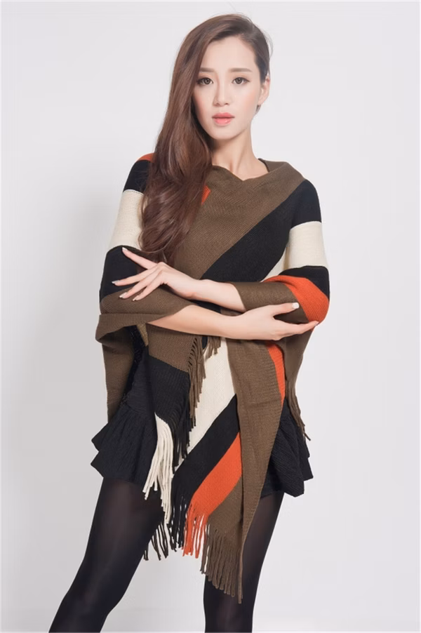 Ladies Striped Knit Poncho with Fringe