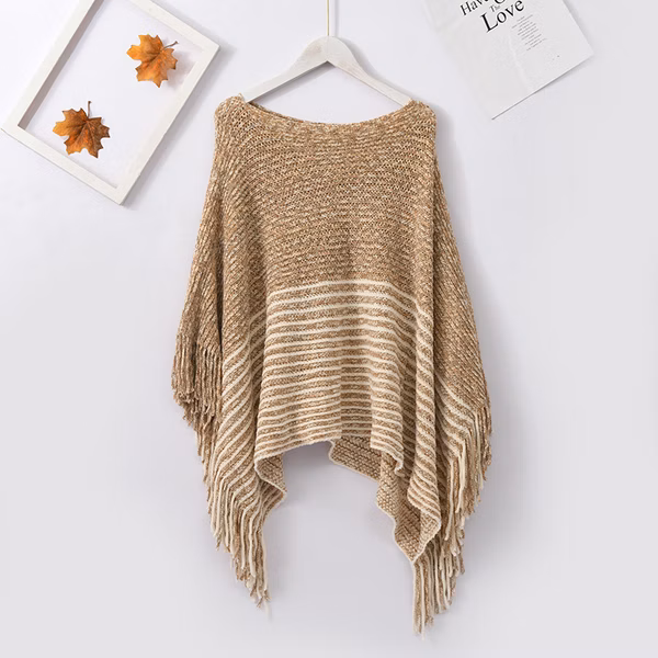 Ladies Striped Fringe Poncho Blue Beige