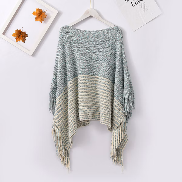 Ladies Striped Fringe Poncho Blue Beige