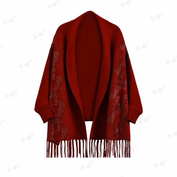 Ladies Red Embellished Fringe Knit Poncho