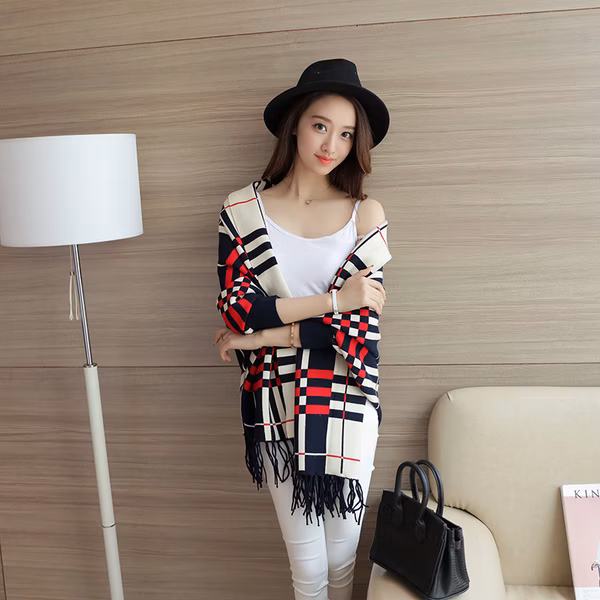 Ladies Plaid Knit Fringe Poncho Cardigan