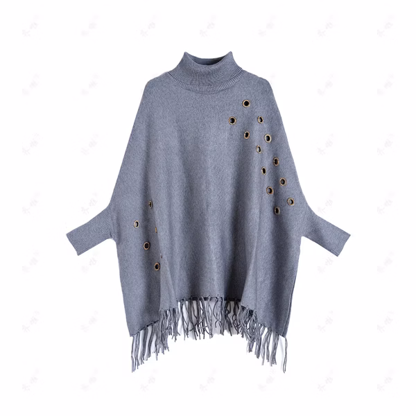 Ladies Knit Poncho with Eyelets and Fringe