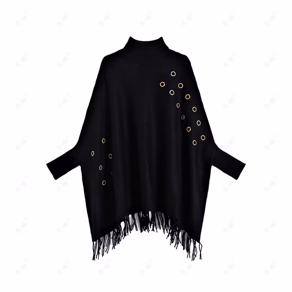 Ladies Knit Poncho with Eyelets and Fringe