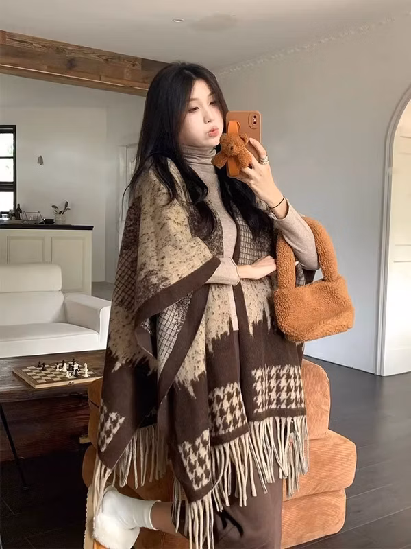 Ladies Brown Patterned Tassel Poncho