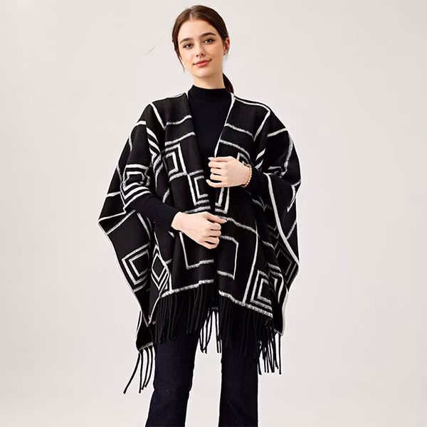 Ladies Geometric Pattern Fringed Poncho