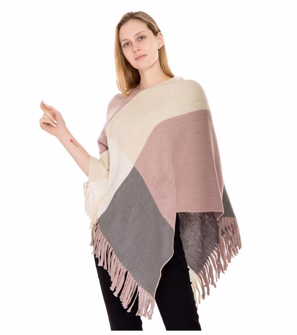 Ladies Colorblock Fringed Poncho