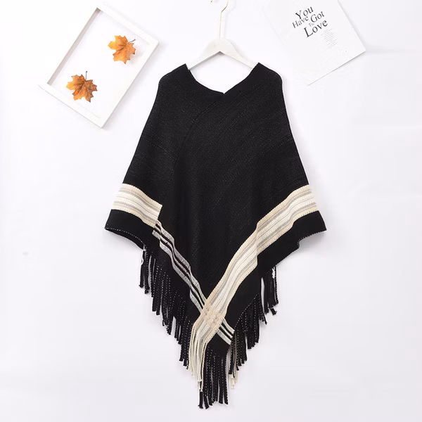 Ladies Striped Knit Poncho - Black