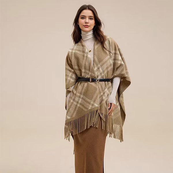 Ladies Plaid Fringe Poncho