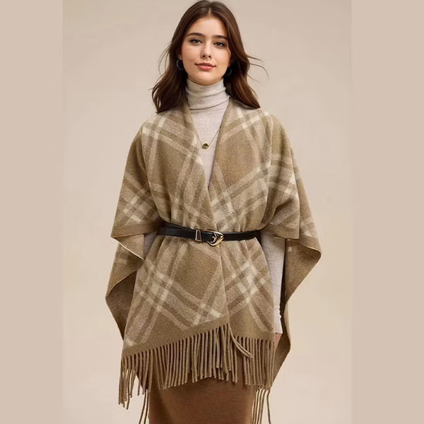 Ladies Plaid Fringe Poncho