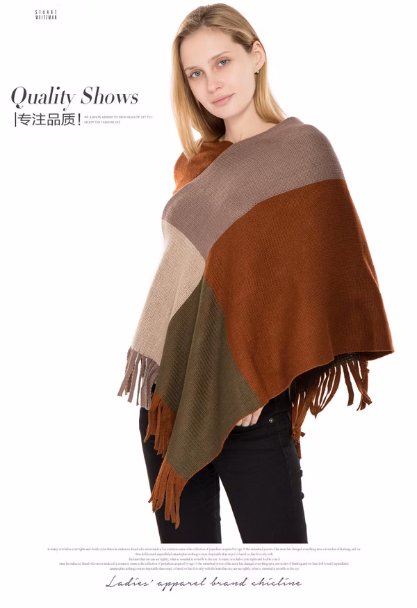 Ladies Color Block Fringe Poncho