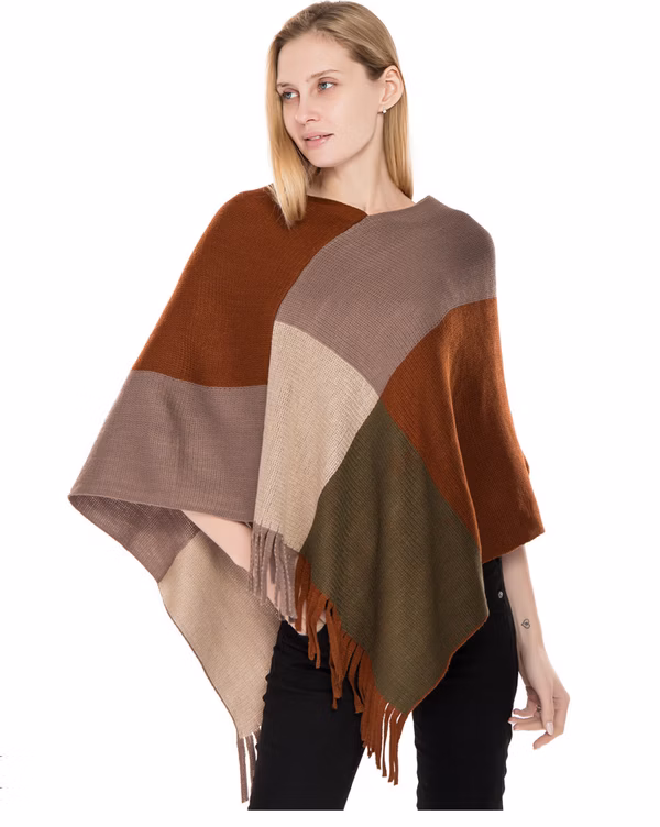 Ladies Color Block Fringe Poncho