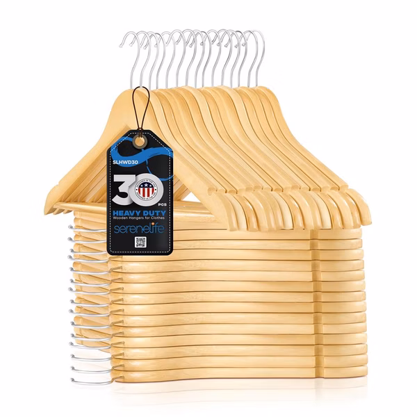 30-Pack Heavy Duty Wooden Hangers - 360° Swivel Hook, Natural Finish