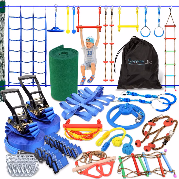 Ninja Warrior Obstacle Course For Kids - Hanging 50’ Ninja Warrior Slackline Kit Training Equipment For Adults With 14 Accessories