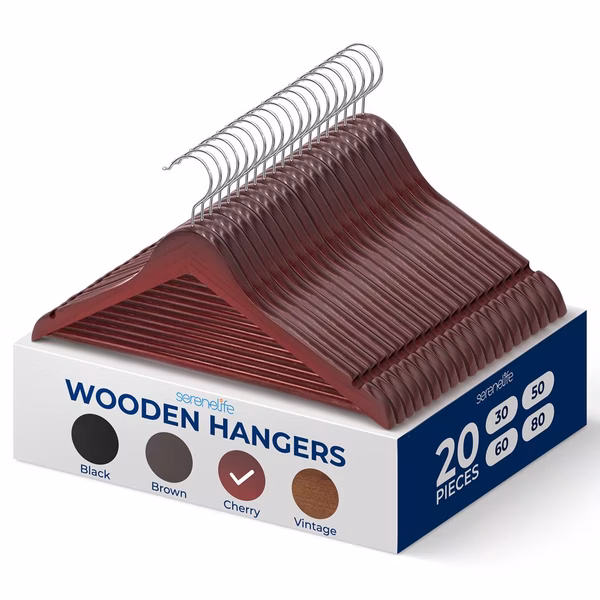 20-Pack Wooden Coat Hangers - Durable, Space-Saving, 360° Swivel Hook