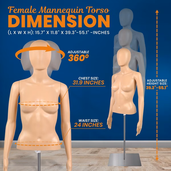 Female Mannequin Torso - Adjustable Height And Detachable Arms Dress Form Display W/ Metal Stand (Skin)