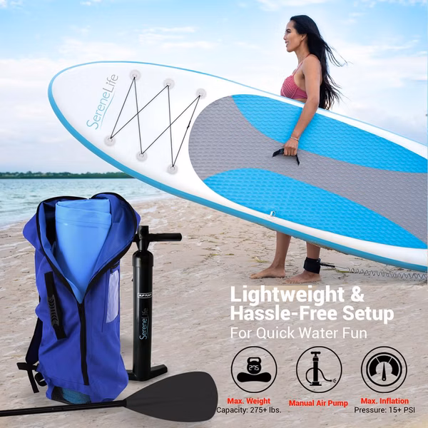 Inflatable Paddle Board - Stable Non-Slip Deck, PVC, 10' Blue