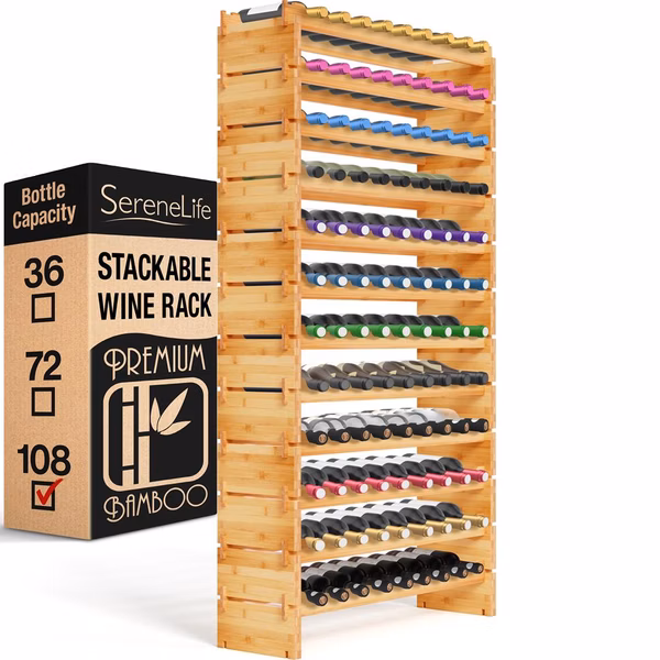 12 Tier Wine Shelf - Strong Frame Solid Bamboo For 108 Bottle Wine Capacity (Color)