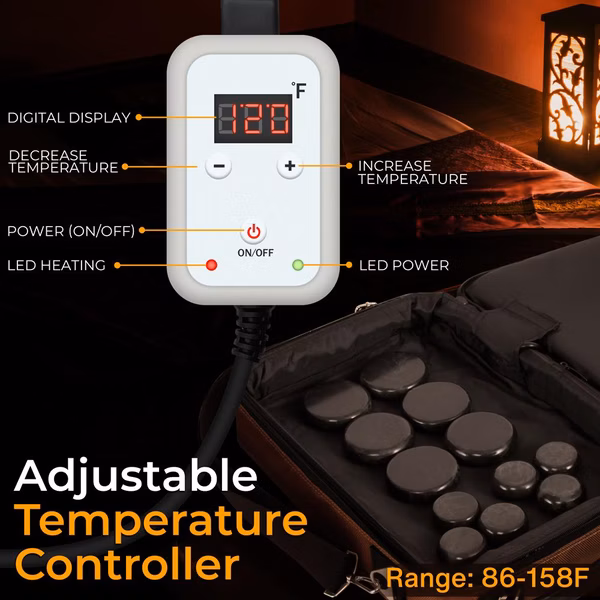 Hot Stone Massage Kit - Portable Heated Rock Therapy System With Digital Temperature Controller, Includes (12) Massaging Stones