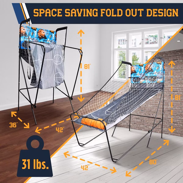 Dual Hoop Basketball Game - LED Scoreboard, Foldable, 5 Balls Included