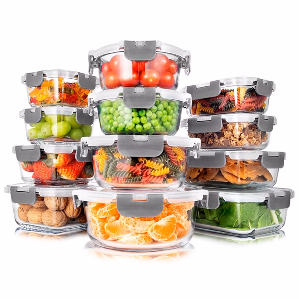 24-Piece Glass Storage Set, Leak-Proof, High Borosilicate, Gray