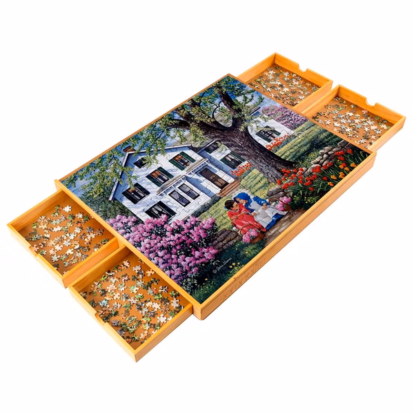 Wooden Puzzle Board Rack - Jigsaw Puzzle Table Without Legs, 4 Storage & Sorting Drawers