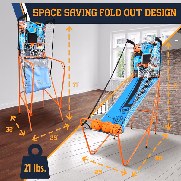 Single Hoop Basketball Game, LED Scoreboard, Foldable, Blue