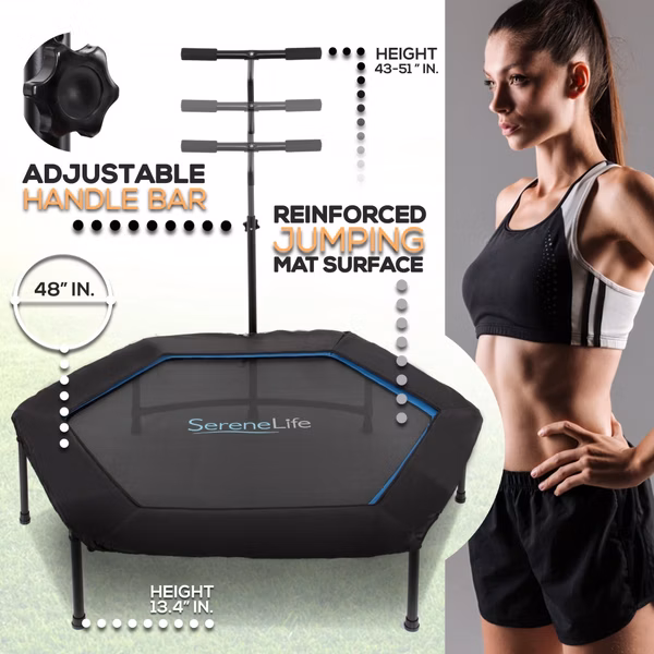 48" Foldable Fitness Trampoline, Adjustable Handrail, 264 lbs Capacity
