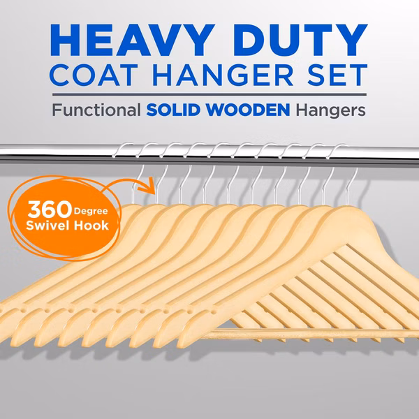 30-Pack Heavy Duty Wooden Hangers - 360° Swivel Hook, Natural Finish