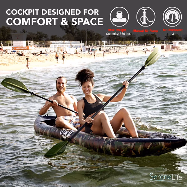 Inflatable 2-Person Kayak, Lightweight PVC, 660lb Capacity, Camo