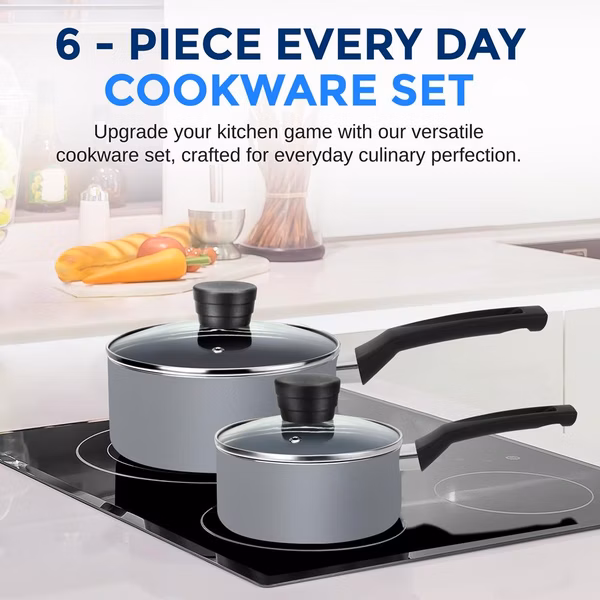 6-Piece Nonstick Cookware Set - Even Heat, Durable Coating, Black