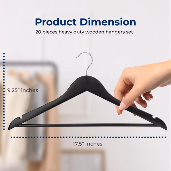 20-Pack Wooden Hangers, Heavy-Duty, 360° Swivel Hook, Black
