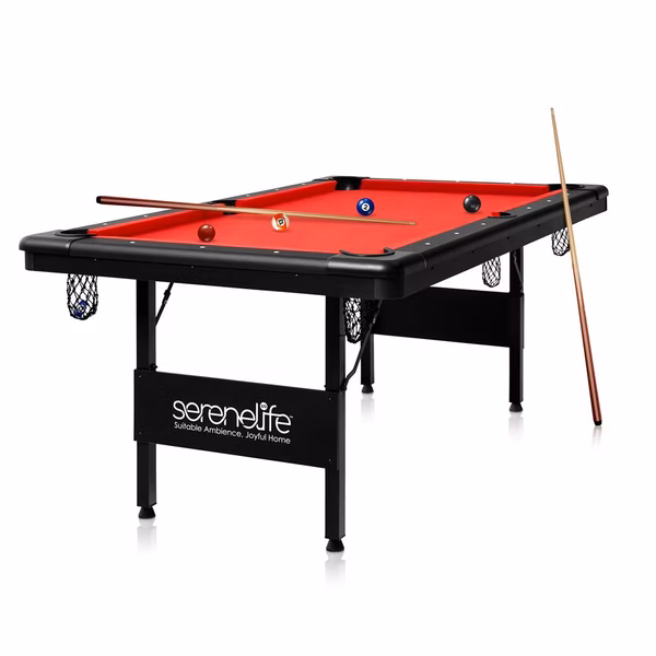 Portable 6ft Pool Table, Easy Fold, Durable Surface, Red