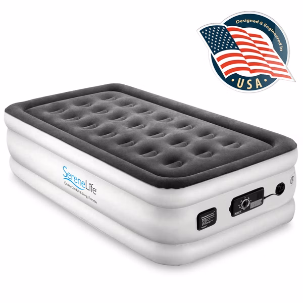 Twin Air Mattress, ComfortCoil Tech, Built-in Pump, Gray, 18" Raised