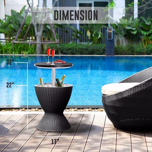 Outdoor Cool Bar Table, Keeps Drinks Cold 12 Hrs, Rattan Style, Black