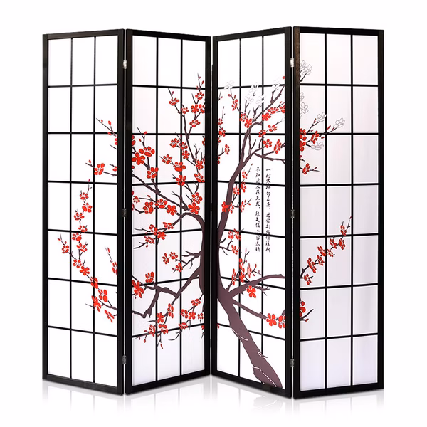 4-Panel Room Divider, Privacy Screen, Handcrafted Wood, Plum Blossom Design