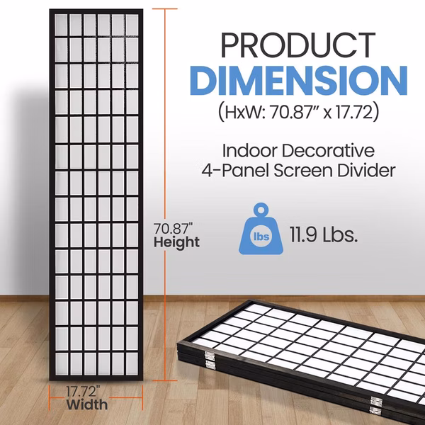 4-Panel Room Divider, Privacy Screen, Wood & Cloth, Freestanding, Foldable