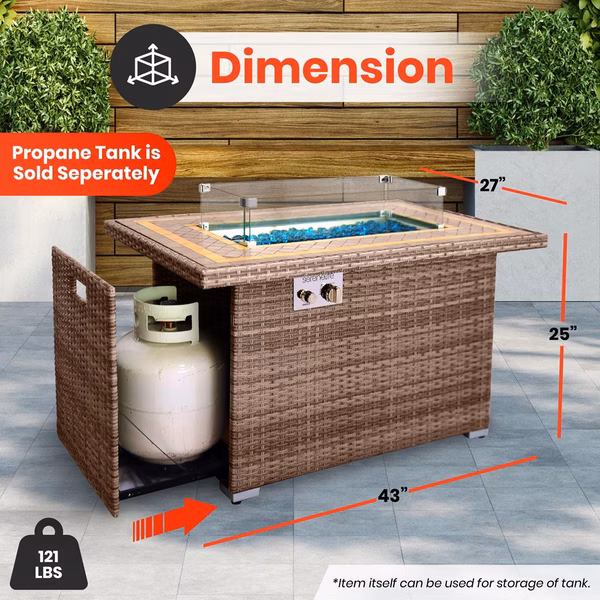 Outdoor Propane Fire Pit Table 50,000 BTU Tile Top Glass Wind Guard