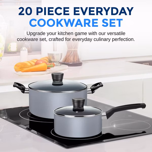 20-Piece Non-Stick Cookware Set, Even Heat, Black Coating