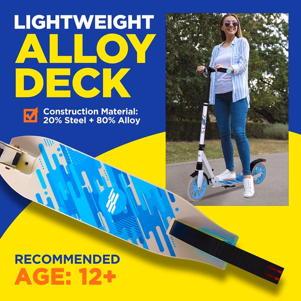 Kick Scooter for Adults & Teens - Foldable, Adjustable Alloy Deck, White