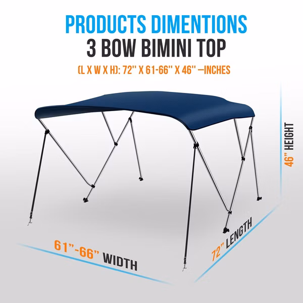 Waterproof Boat Bimini Top Sun Shade, 3 Bow, 600D Canvas, Navy Blue