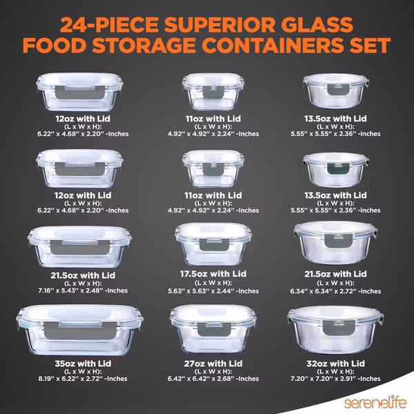 24-Piece Glass Storage Set, Leak-Proof, High Borosilicate, Gray